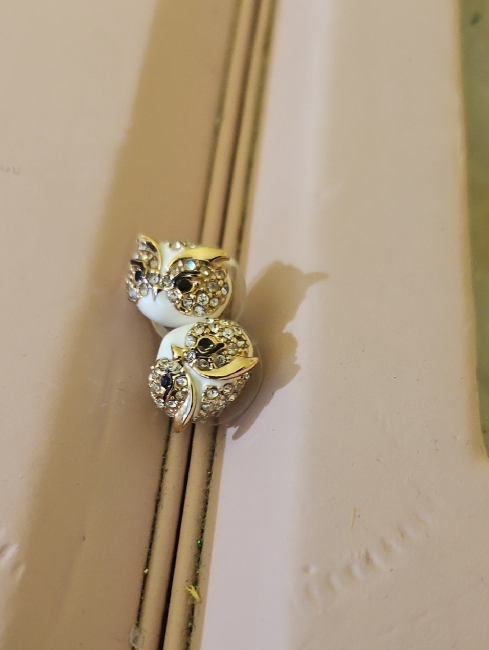 Gold and White Owl Stud Earrings - Crystal Accent Women Jewelry. Vintage
